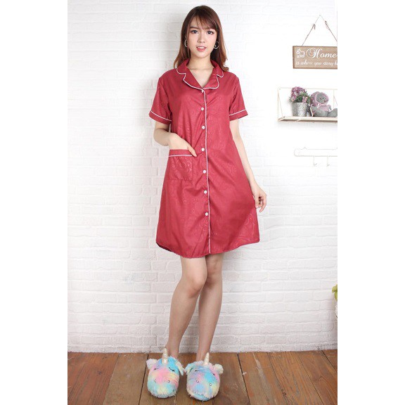 Fortglass DST Saten Sleepwear Baju Tidur Daster Wanita Dewasa Lengan Pendek Satin Embos-MAROON