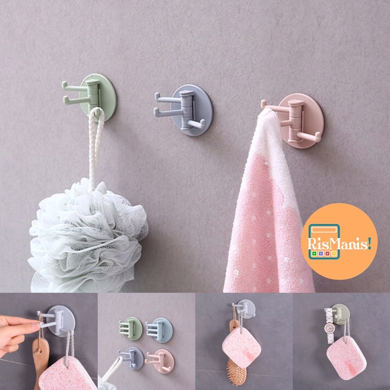 3 BRANCHES ROTATING WALL HOOKS - Pengait Cantolan Gantungan Tempel Dinding Serbaguna Rotasi 3 Cabang