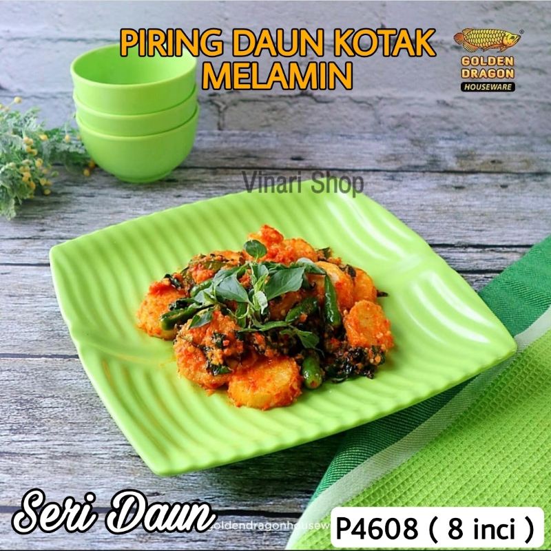6 PCS Piring Daun Kotak Melamin 8 Inc(P4608)Piring Melamin/Piring Makan Golden Dragon
