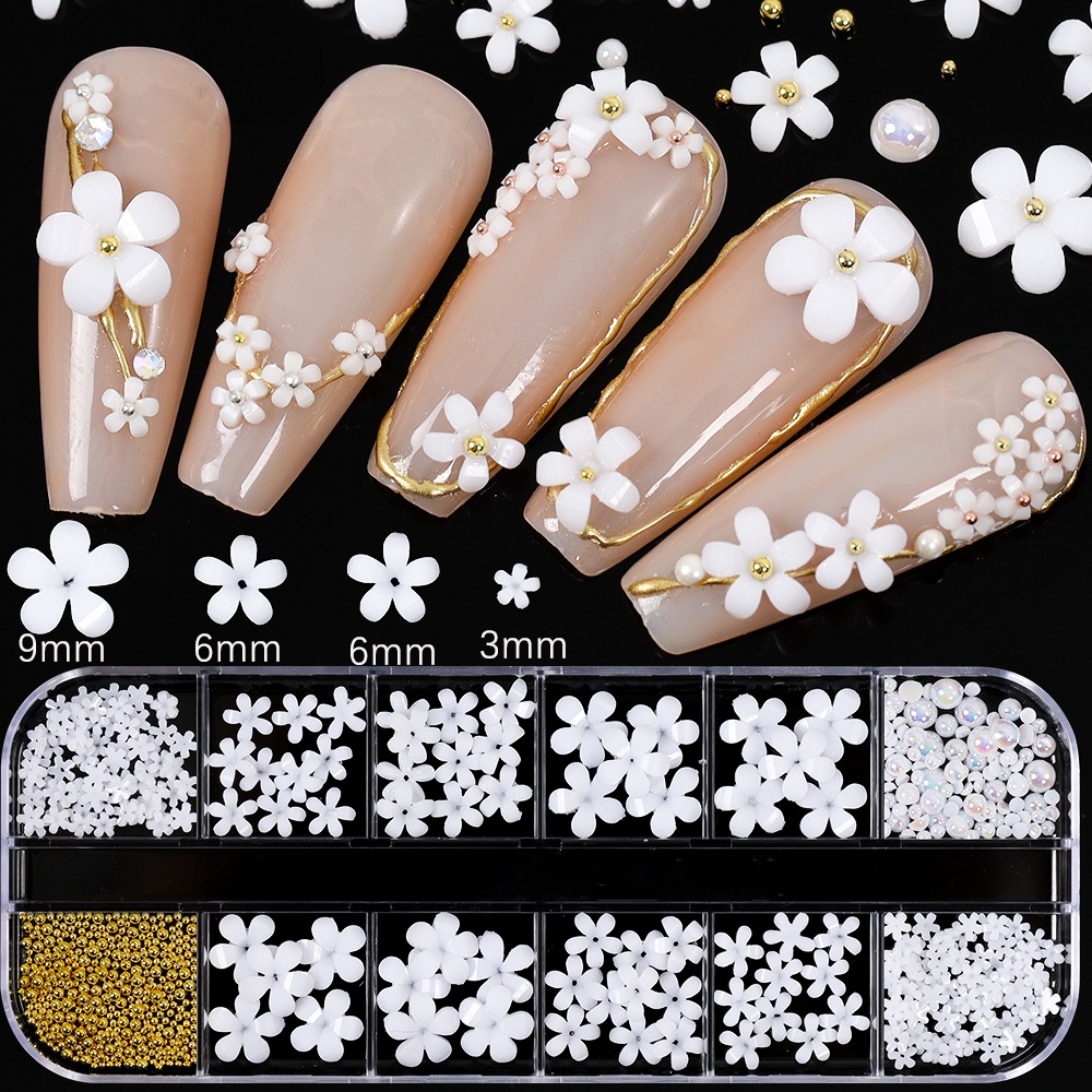 Nail Flower 3d Nail Art Decorations Ornament Five Petals Embossed Pattern White Mini Resin DIY Manicure Flower Decoration for Salon