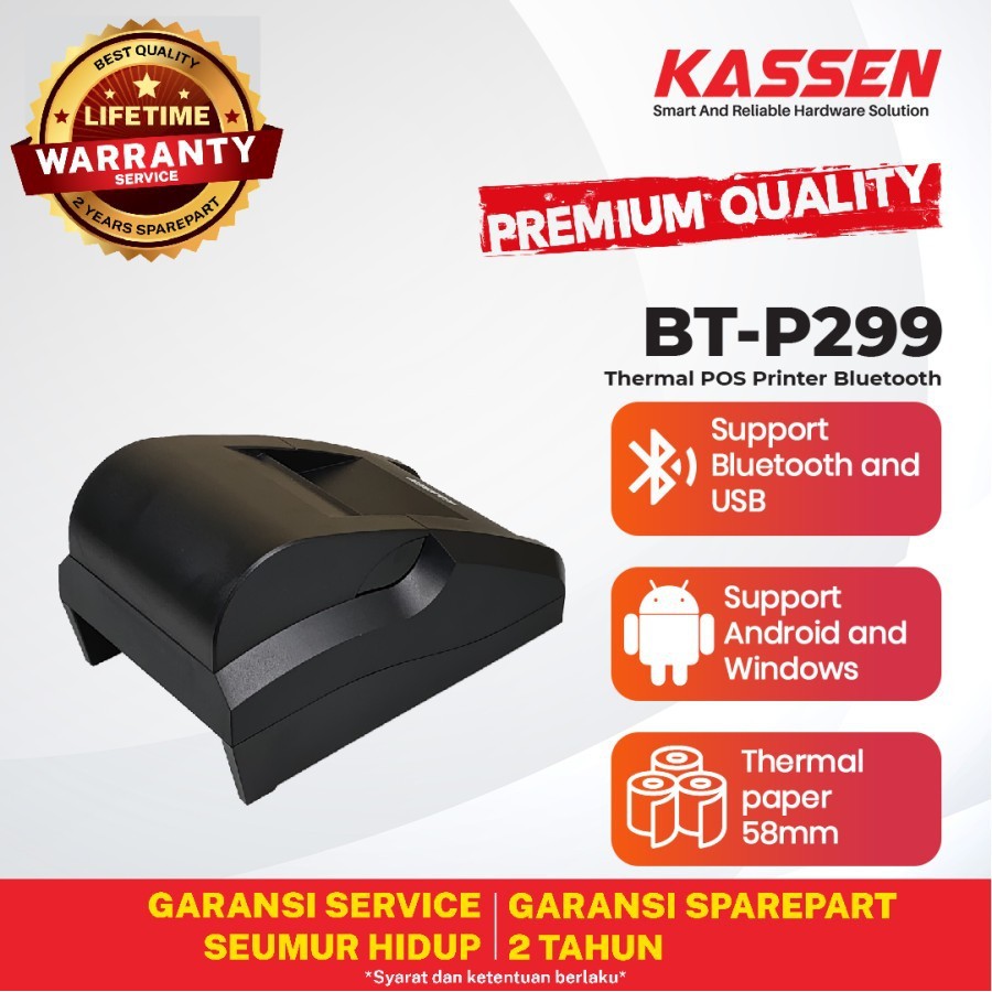 PRINTER KASIR THERMAL MINI KERTAS 58MM KASSEN BT-P299 ( USB + BLUETOOTH )