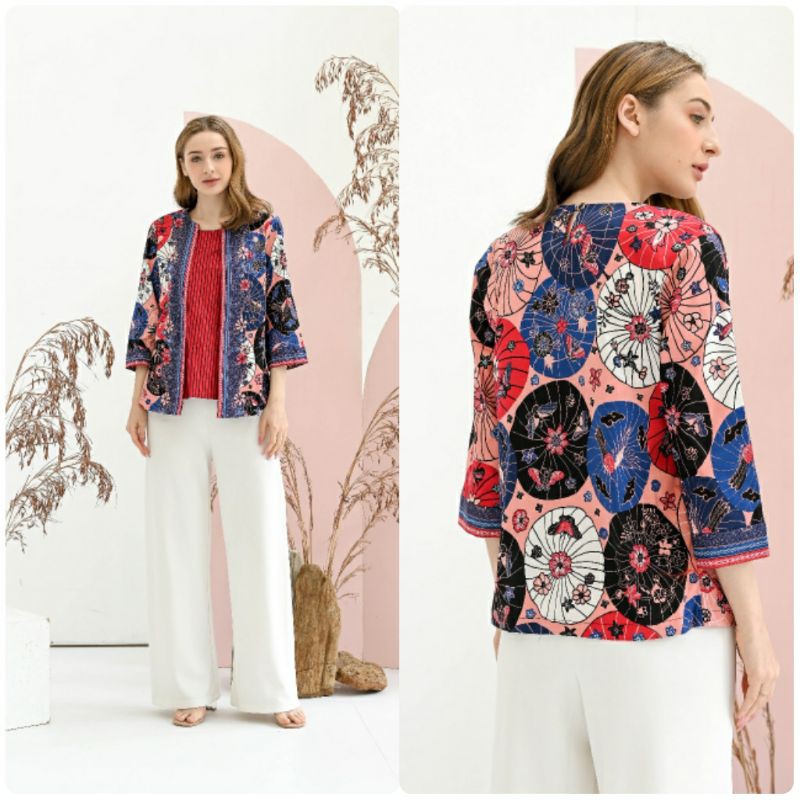 Atasan Blouse Batik Wanita Lengan Panjang Warna merah, 242 AWI# Bahan katun stretch-2