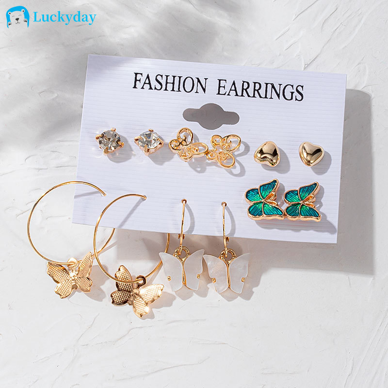 YEEZII 12pcs / Set Anting Bentuk Kupu-Kupu Bahan Akrilik Aksen Kristal Gaya Retro Untuk Wanita