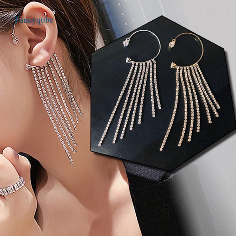 Fancyqube Anting Klip On Tanpa Tindik Desain Rumbai Hias Kristal Berlian Imitasi Untuk Wanita