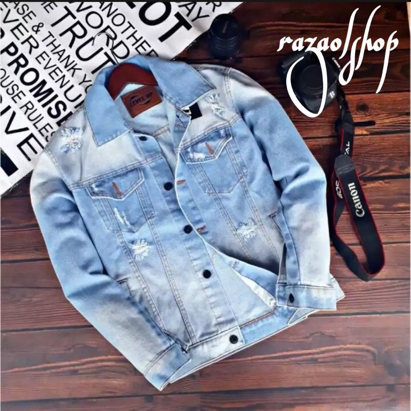 Jaket Jeans  Denim Sobek Pria