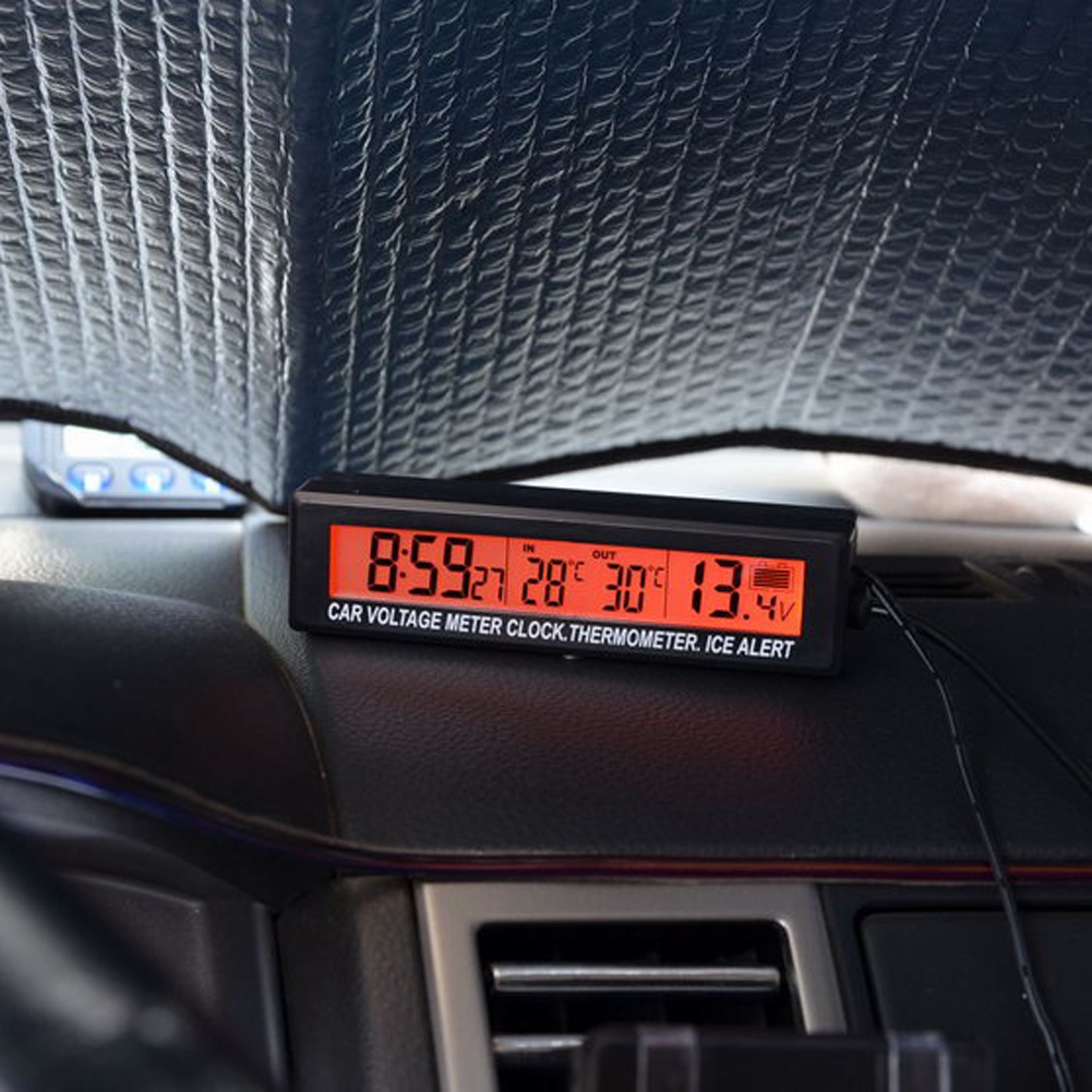 Jam Mobil Digital LCD Mini dengan Thermometer Suhu Monitor Voltase AKI
