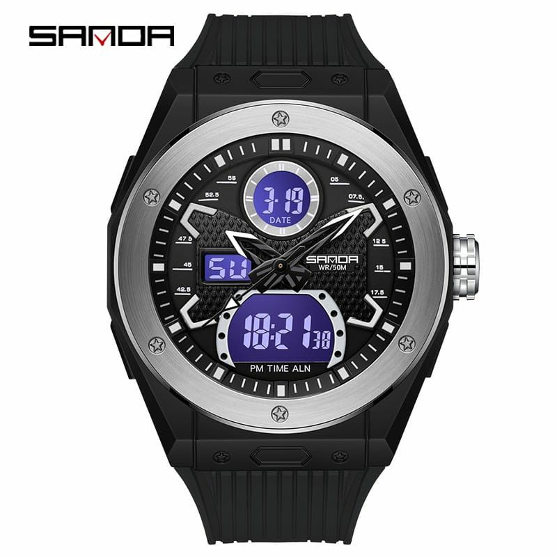 Original SANDA 3138 Jam Tangan Pria Digital Analog EL Backlight Sport Watch Anti Air