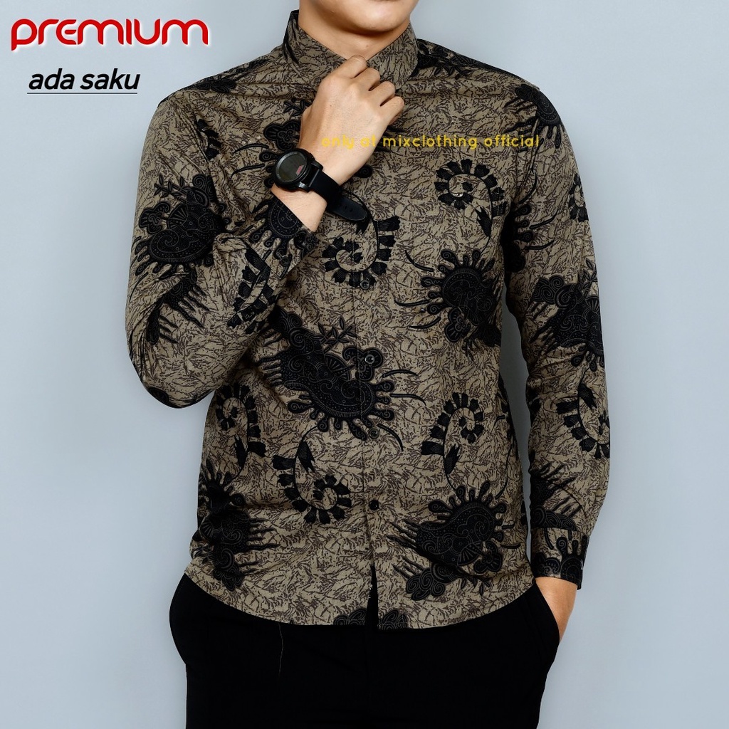 New Premium Baju Kemeja Batik Pria Slimfit Lengan Panjang 1833 Abu Grey