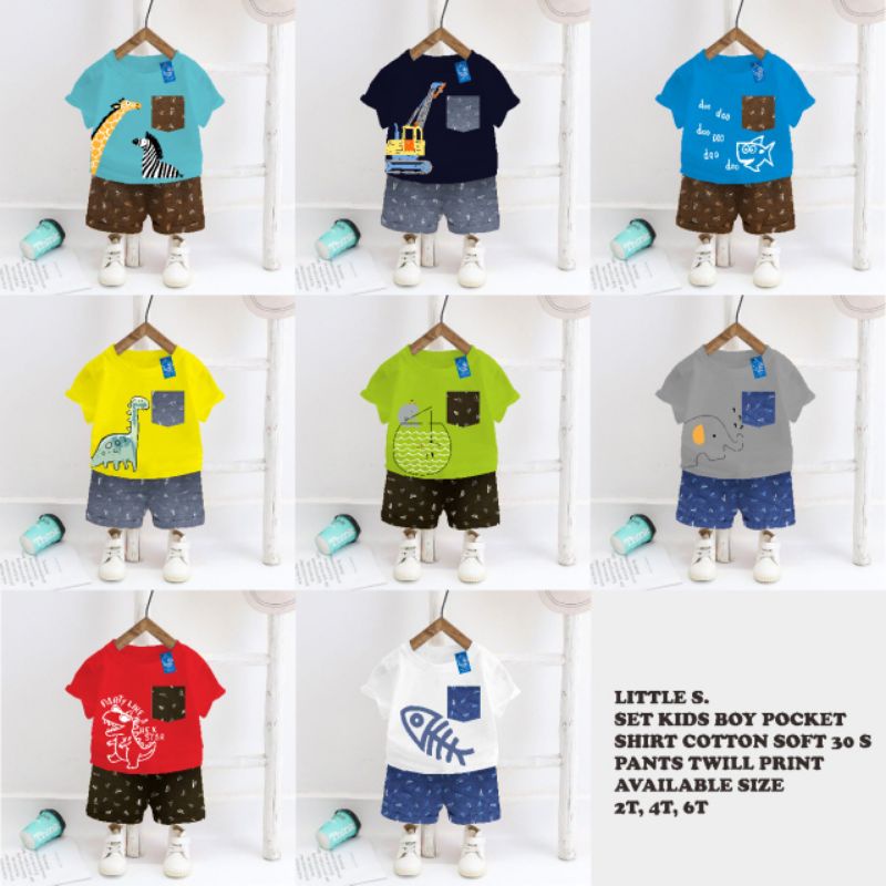 Setelan Anak Laki laki Set Kids Boy Pocket by Little S Size 2-7 Tahun