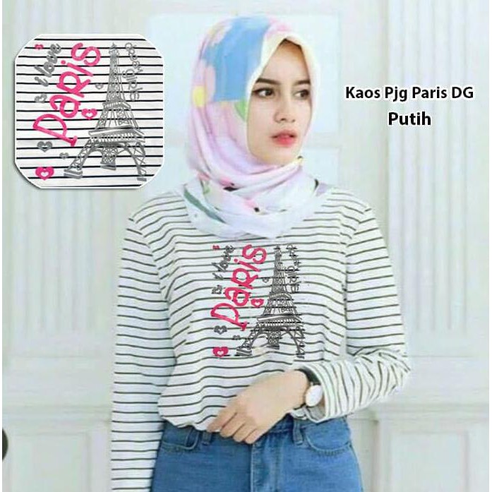 Kaos Panjang Paris Dg Putih/Atasan Blus Hijab/Blouse Muslim/Kaos Hijab