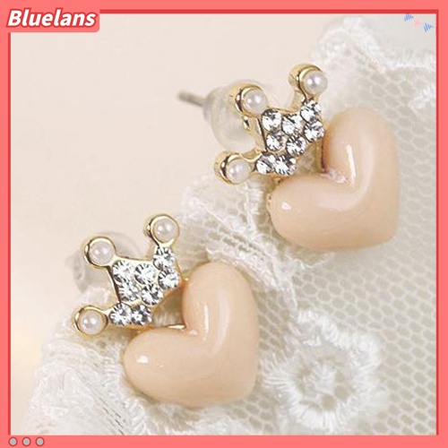 1 Pasang Anting Stud Bentuk Mahkota Hati Aksen Mutiara Berlian Imitasi Untuk Wanita