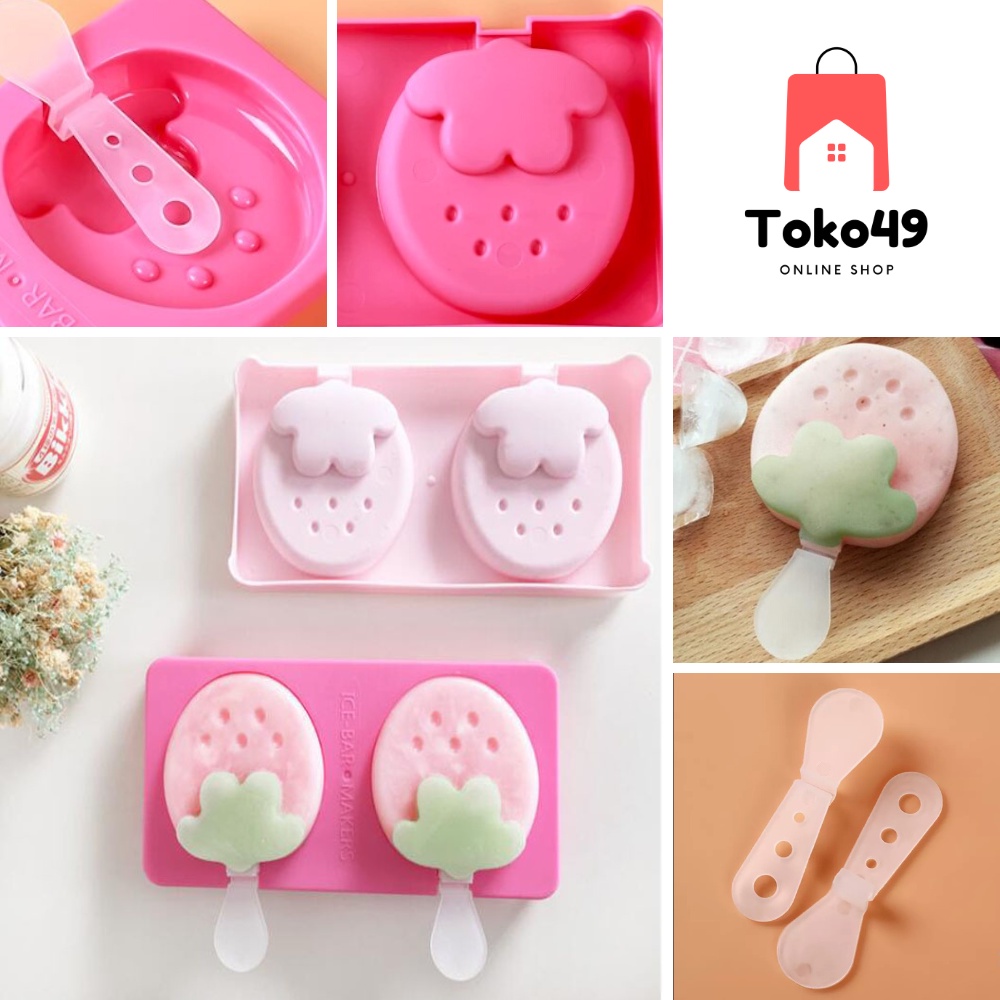 Cetakan Silikon Es Krim Lolipop Bentuk Strawberry Ice Pop Maker Motif Buah Stroberi Lucu Import Mura