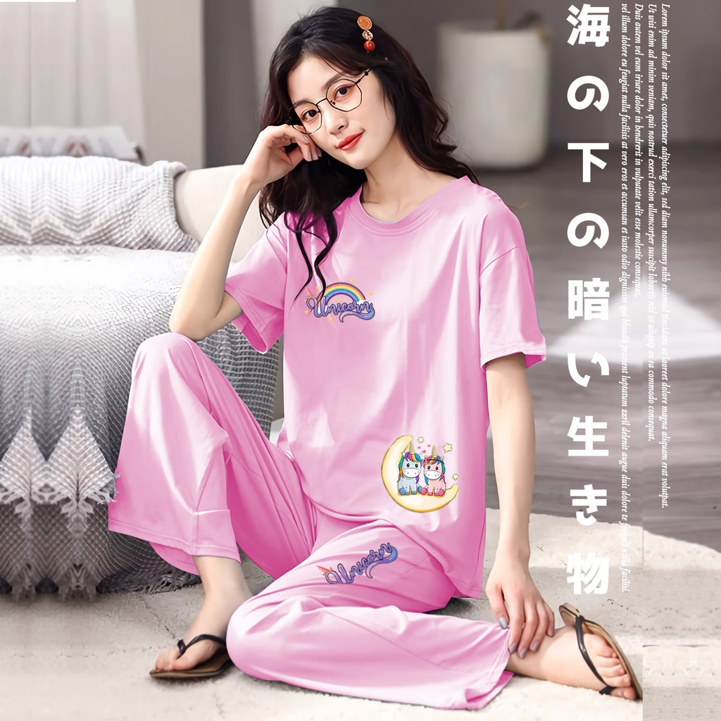 Lilipop.id  Baju Tidur Wanita CP Unicorn Setelan Piyama BabyDoll Kaos Celana Panjang