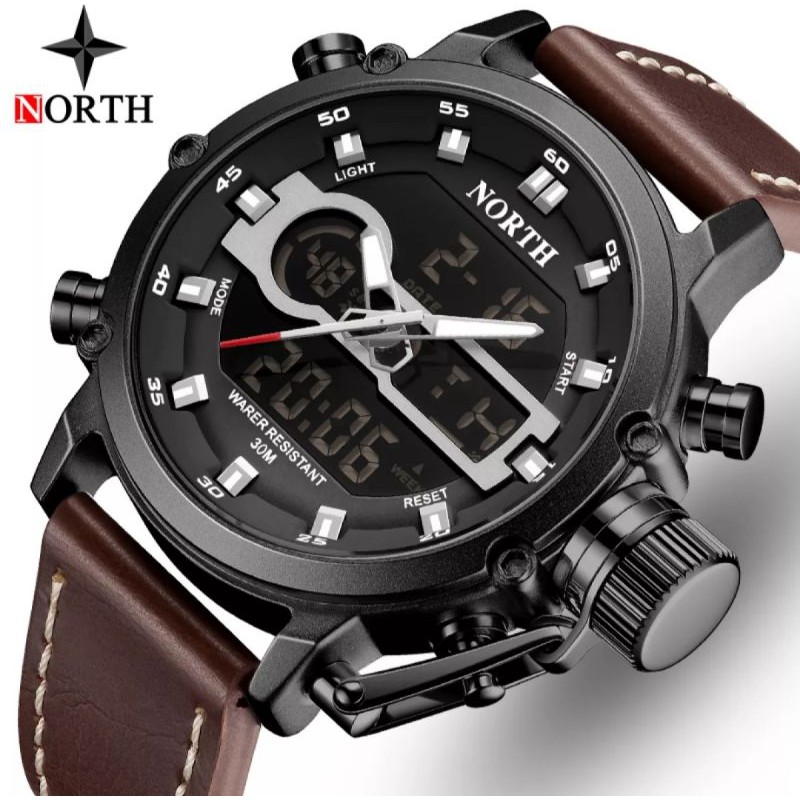 Jam tangan north pria olahraga kronograf kasual digital LED display analog mewah