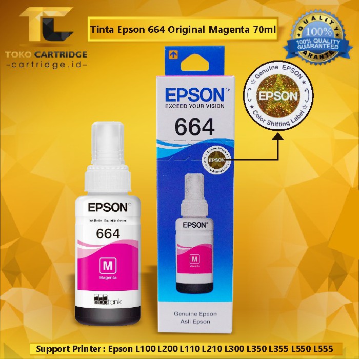 Tinta Epson 664 Original Printer L121 L100 L110 L120 L200 L210 L220 L300 L310 L350 L355 Refill Botol Refil Black Color Ink Ori 100% Resmi Hitam Warna T664 T6641 T6642 T6443