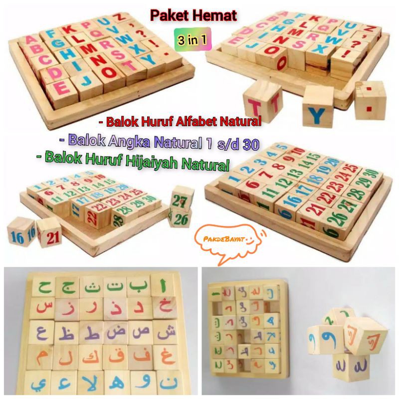 Paket Hemat 3pcs Balok Natural (Balok Angka, Balok Huruf Hijaiyah, Balok Huruf Alphabet)