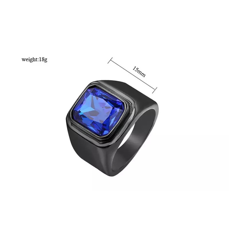 Cincin Pria Octagon Royal Blue Saphire Akik Safir Biru Ring Black Gun Titanium Stainless Steel Anti Luntur dan Karat