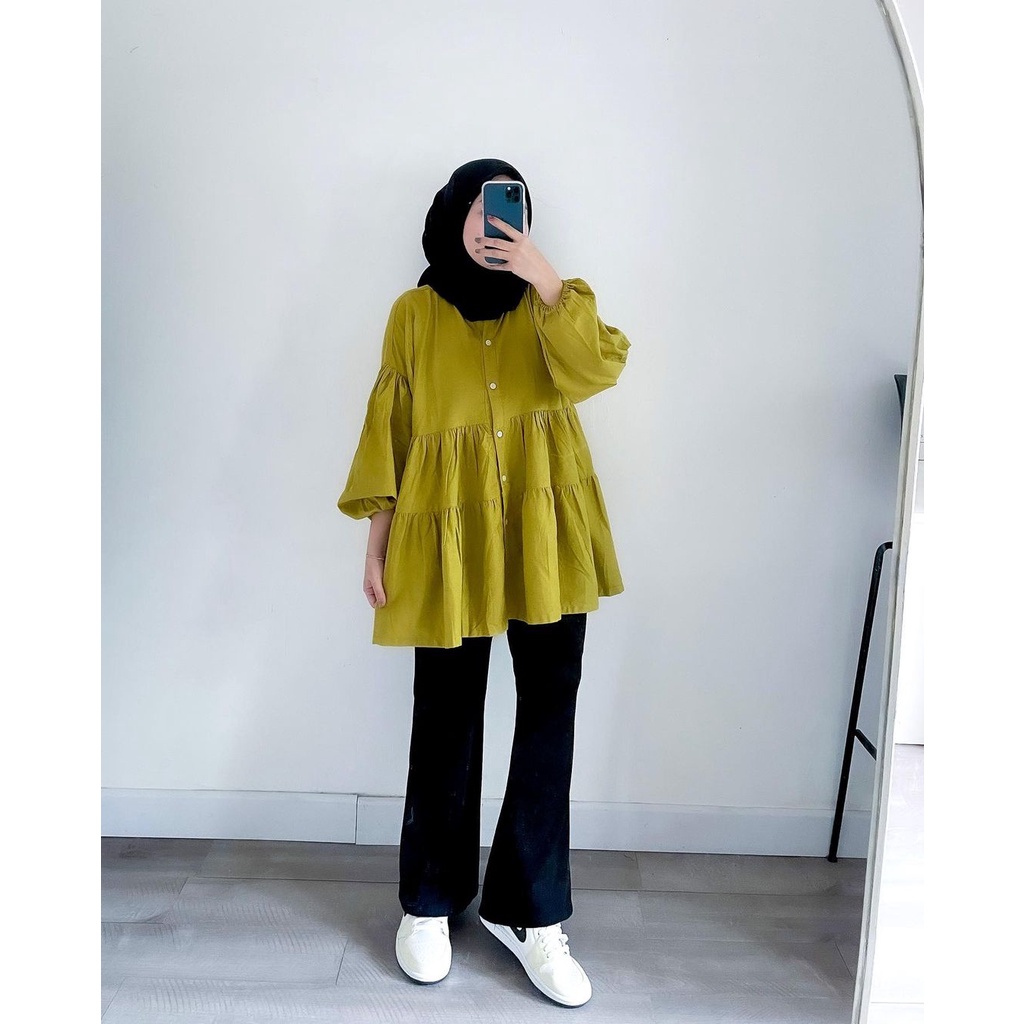 Kyana Blouse Basic Kemeja Katun Linen Oversize Atasan Shirt Wanita Lengan Panjang