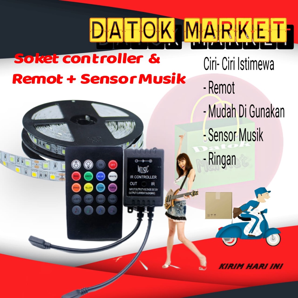 Sepaket Soket Controller Remot Sensor Suara Sound Music Lampu Hias Strip Selang RGB Warna Warni Temp