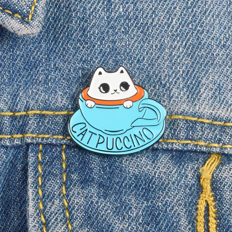 Bros Pin Enamel Desain Kartun Kucing Cangkir Kopi Untuk Kerah