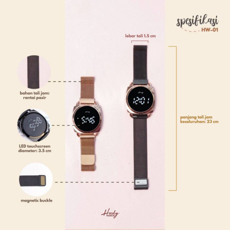 Ready Hody Watch HW-01 Garansi Original Digital Jam Tangan Hody Digital Touch Screen Magnetic Bukcle Tali Rantai Pasir Jam Tangan LED Jam Tangan Wanita TERLARIS BEST SELLER Jam Tangan Pria Universal HW 02-1