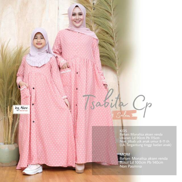 Baju gamis couple ibu dan anak Tsabita. Gamis couple anak dan ibunya Tsabita bahan monalisa