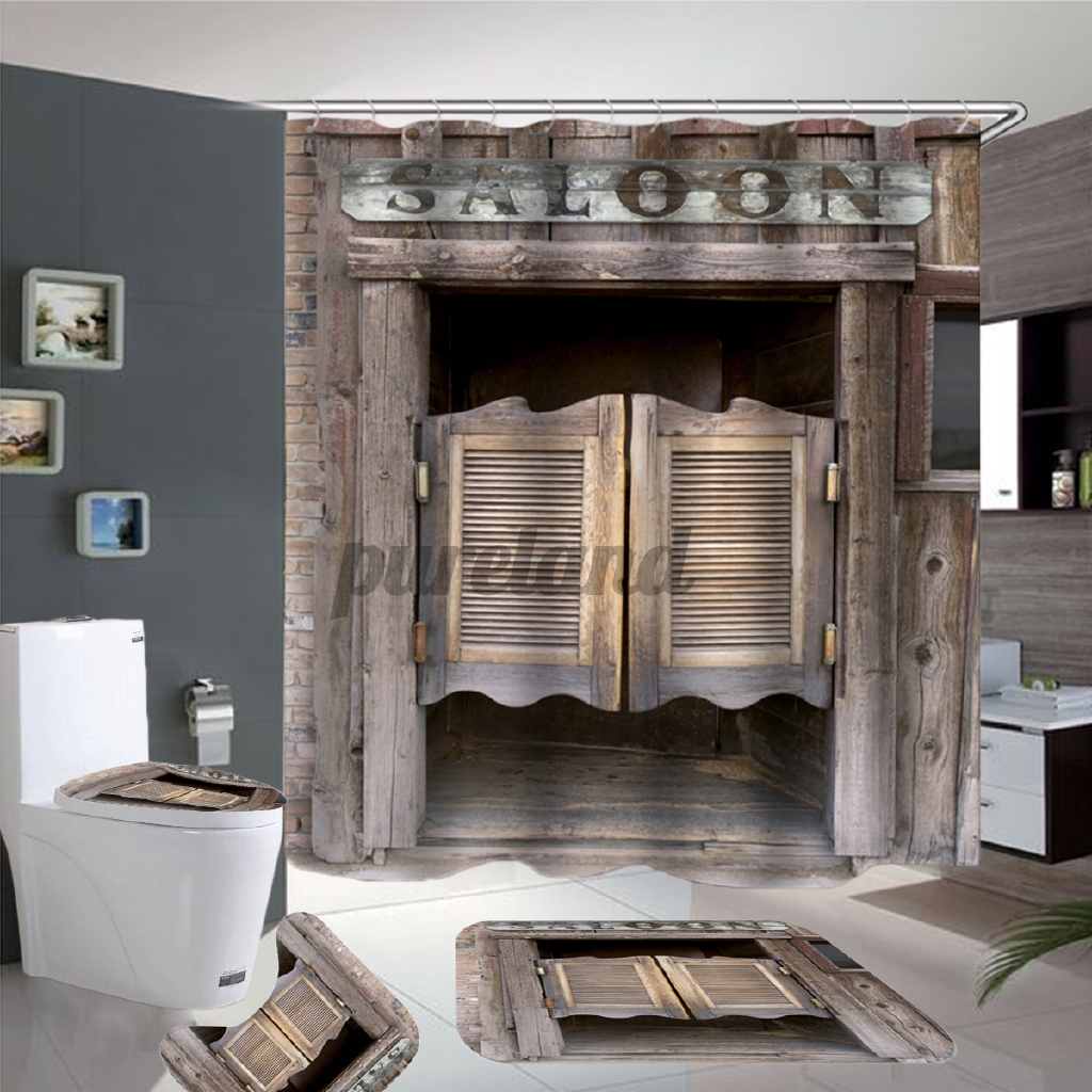 Pureland Retro Wooden Door Bathroom Set Shower Curtain Non Slip Toilet Cover Bath Mat Set Rugs Shopee Indonesia