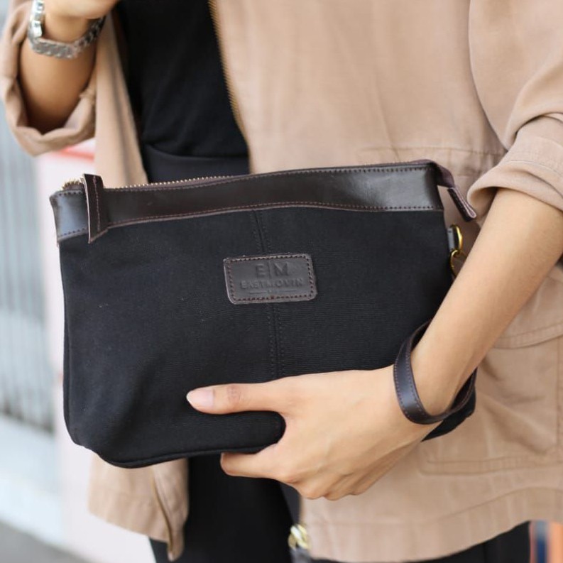 Tas Tangan Handbag Clutch Eastmovin Oliver Pouch Cewek Cowok Hitam Kanvas TEBAL &amp; Kulit ASLI