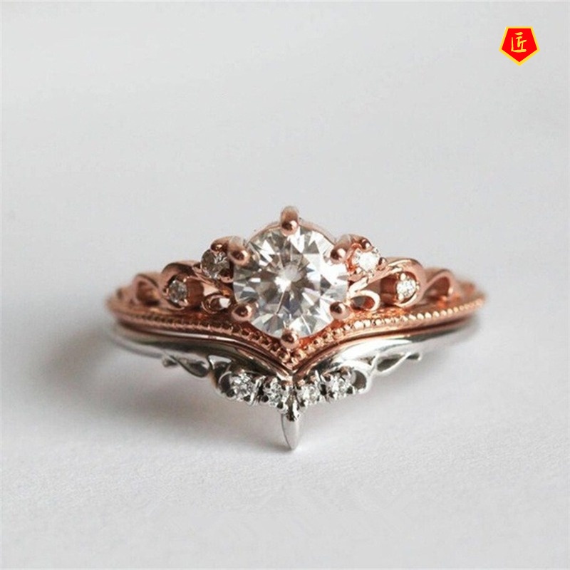 [Ready Stock]Creative Crown Color Separation Ring Set Diamond 14K Rose Gold