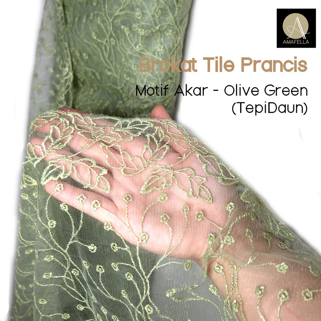 1/2 meter Kain Brokat Brukat Tile Prancis Bahan Kebaya Motif Akar Olive Green