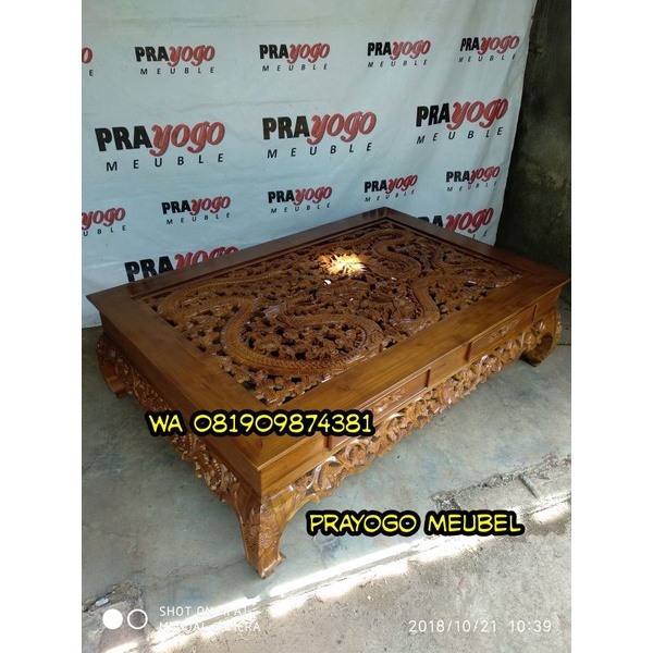 meja ketapang laci ukiran motif naga - meja tamu opium motif naga china - meja tamu laci kayu jati