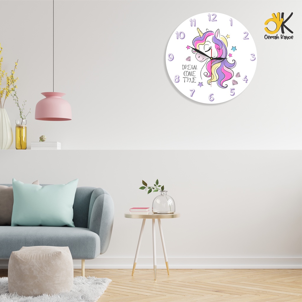 JAM DINDING UNIK KARAKTER UNICORN HIASAN KAMAR ANAK WALL CLOCK SKANDINAVIAN