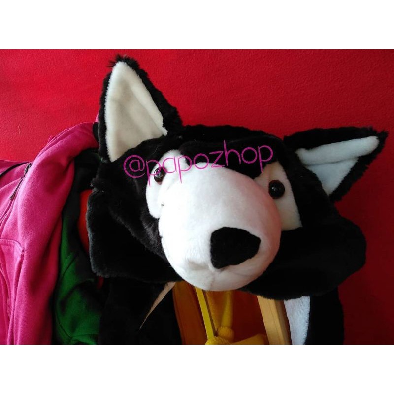 topi boneka karakter binatang  Husky hitam srigala