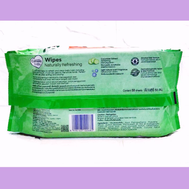 Cussons Baby wipes Hijau, Naturally Refreshing, Cucumber Extract, 50 sheets