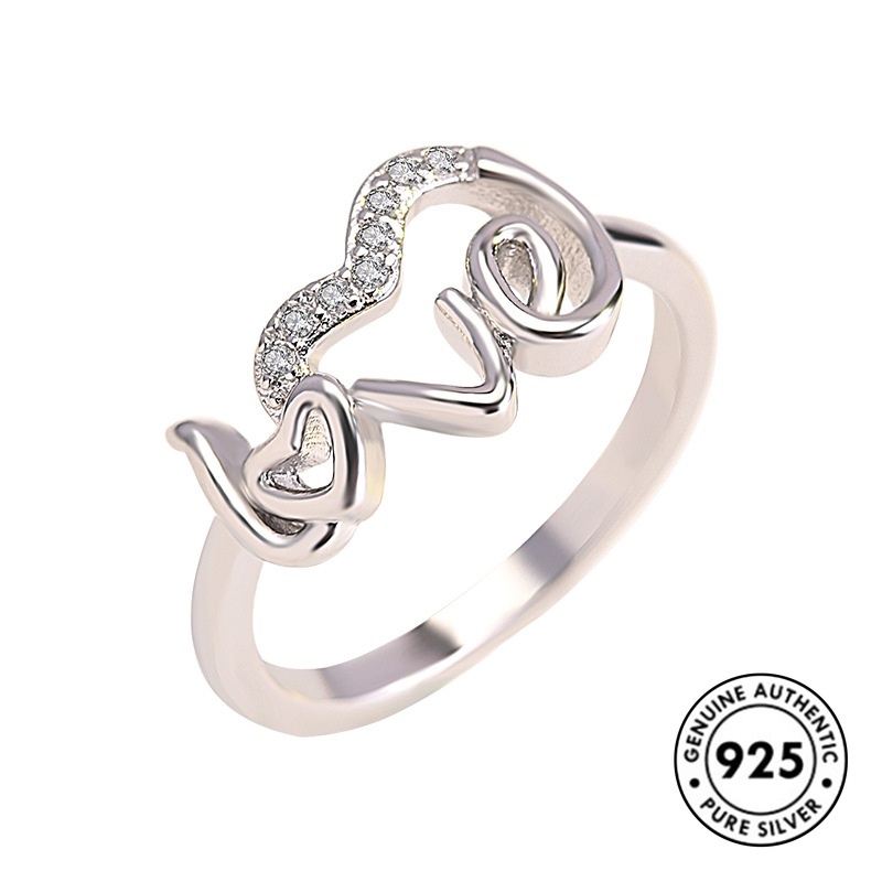 Cincin S925 Silver Desain Tulisan Love Aksen Berlian