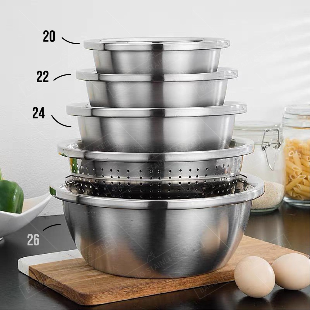 5pcs baskom set stainless tebal dapur lubang cuci beras sayur wadah makanan