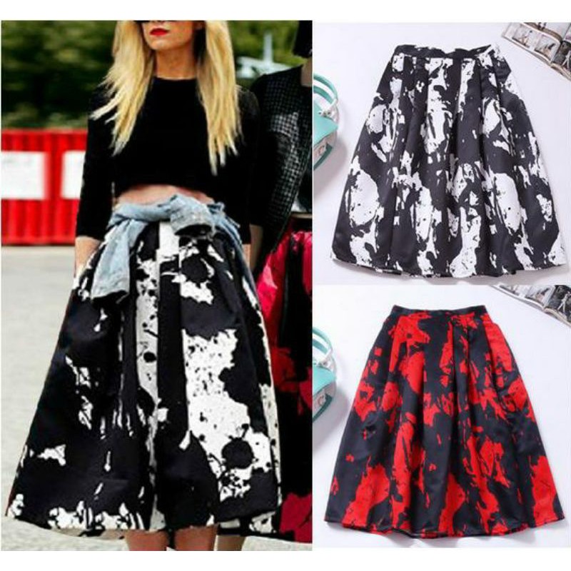 Flare midi skirt rok scuba foam ombre gradasi import thailand asli Bangkok HK print bunga leopard