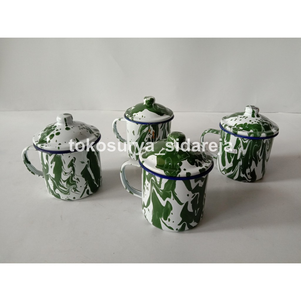 Mug Seng Lurik Enamel Kaleng Hijau 9cm / Cangkir seng lurik / Gelas seng lurik