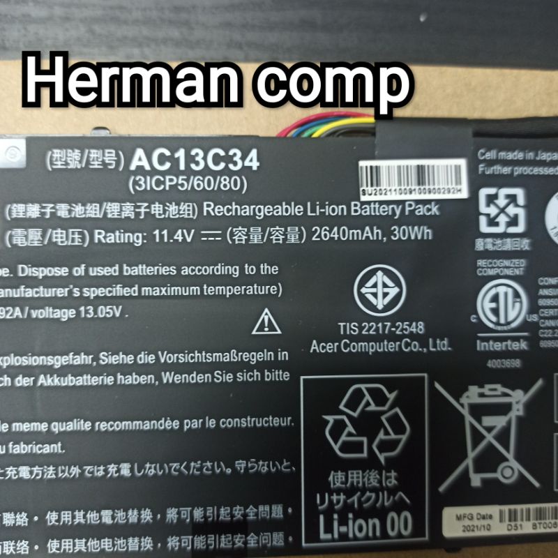 Original Baterai Acer Aspire AC13C34 30Wh 11.4V