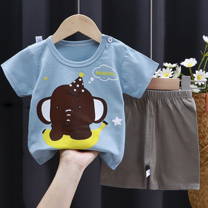 Murah IMPORT COD Setelan Baju Kaos Anak Import Jumper Celana Pendek - Gajah Biru, 73