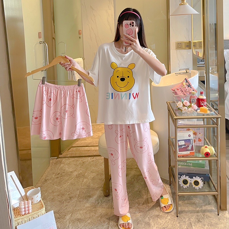 Baru set Baju Tidur Wanita Dewasa Oversize Piyama Bahan Kaos Celana Panjang & Pendek Setelan Baju Tidur 3IN1 Setelan Piyama-Winnie Head