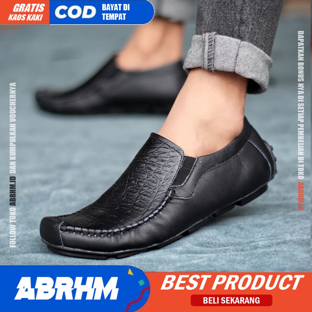 ABRHM X ASBUL Sepatu Slip On pria Kulit Asli Sepatu Pantofel Pria Kerja Sepatu Pria Casual Sepatu Kasual Kekinian Original Terlaris