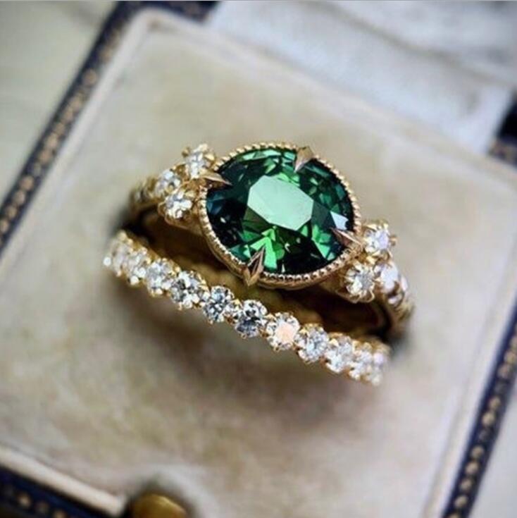 Cincin Bahan Titanium Steel Hias Kristalzamrudberlianzamrud Untuk Wanita