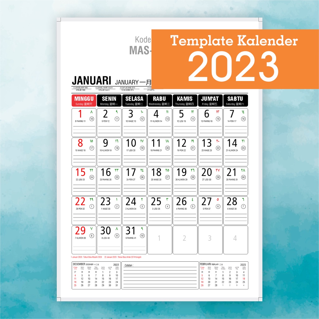 Jual Kalender 2023 Lengkap Dengan Kalender Jawa Hijriyah 1444 China