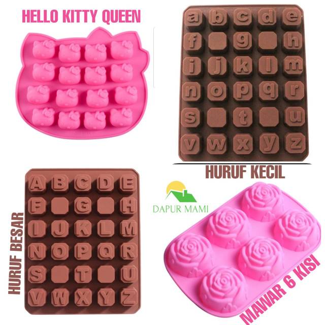 DAPURMAMI Cetakan Silikon Hello kitty Cetakan Cokelat  Abjad Huruf Besar Abjad Huruf Kecil Mawar