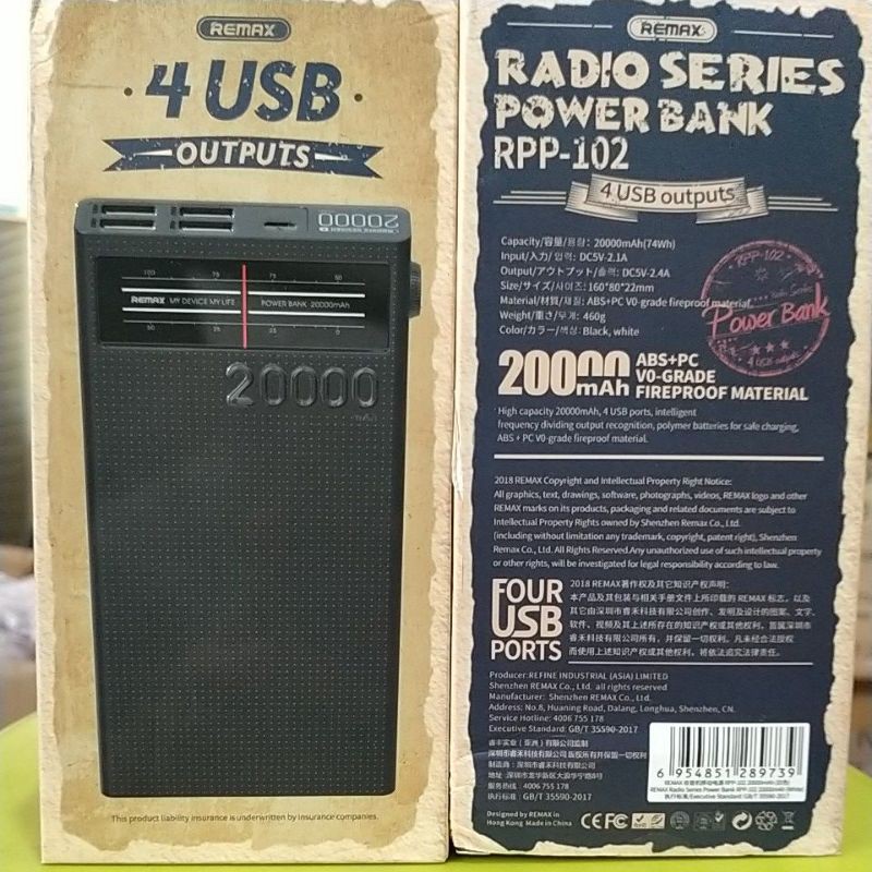 POWER BANK REMAX ORIGINAL 100% 20.000MAH 4USB RADIO SERIES RPP 102