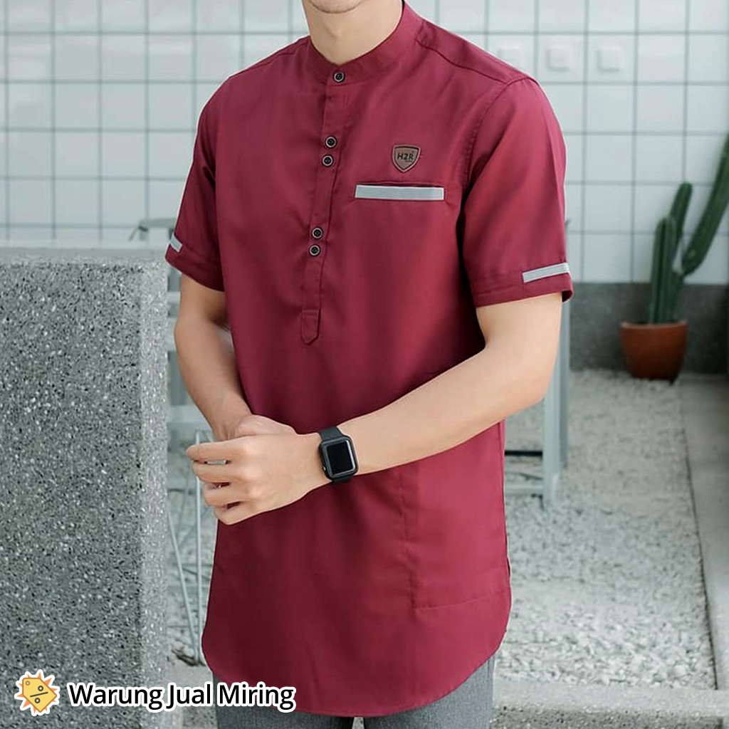 Baju Koko Kurta Lengan Pendek Dewasa Pria Laki Cowok Muslim Pakistan Tangan Santai Untuk Sarung Peci Kokoh Qurta Adem Lembut Katun Toyobo Santri Kemeja Kerah Hitam Putih Biru Donker Coklat Merah Casual Kasual Formal Murah-Kurta Merah Maroon