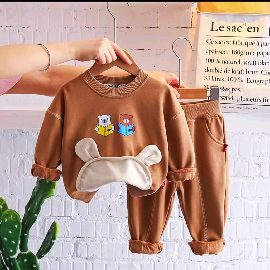 Setelan anak laki laki dan perempuan motif beruang kembar usia 1 - 6 tahun