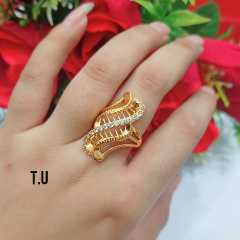 Cincin dewasa dubay permata ukir logam emas Hongkong, gaya bangsawan super elegan (COD)