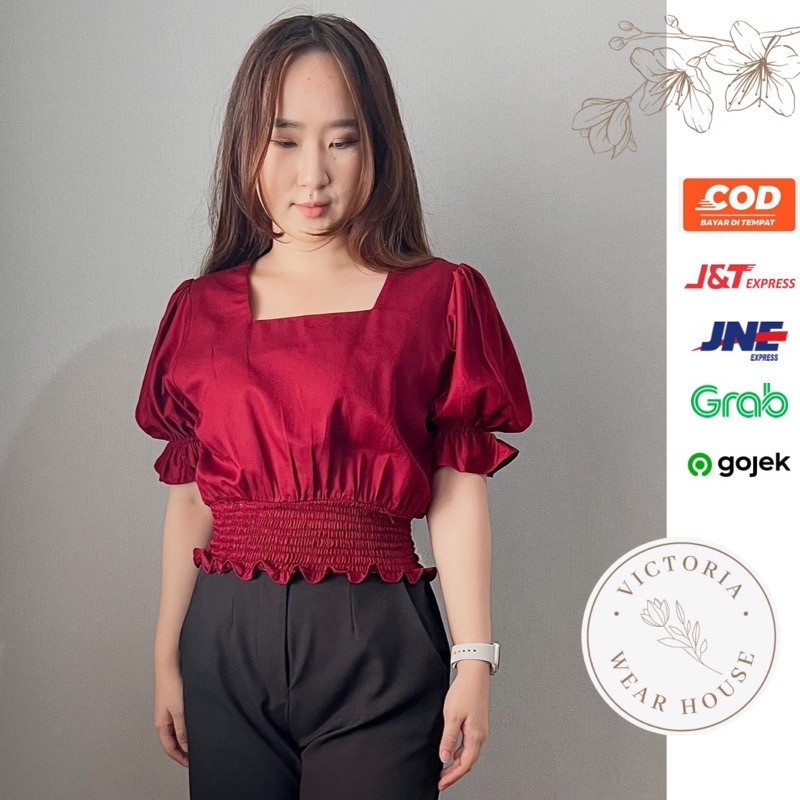 Yuri Top - Baju Atasan Blouse Crop Top Square Neck Leher Kotak Lengan Balon Puffy Sleeve Bahan Katun